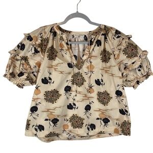 Ulla Johnson Women Floral Puff Sleeve Ruffle Blouse Split V-Neck Beige Size 4